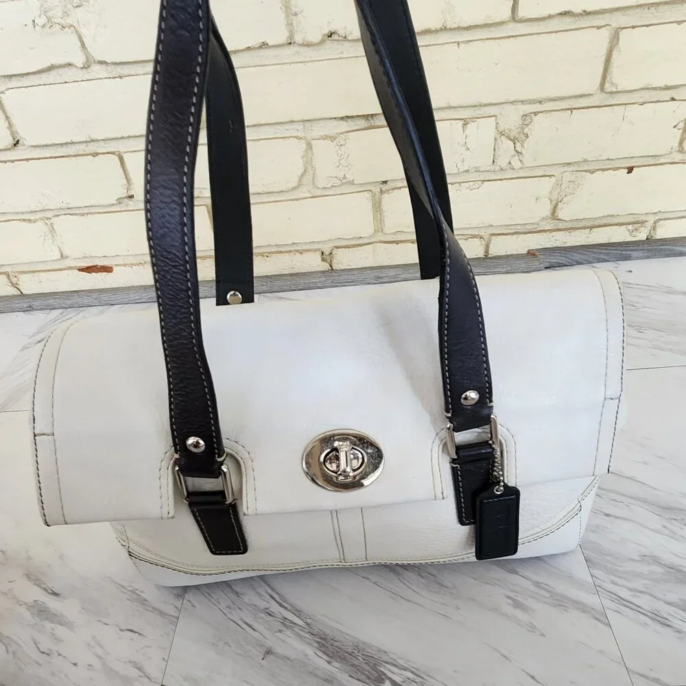 Rare Vintage Coach Hamilton White Pebbled Leather Satchel Tote Bag Purse - Picture 3 of 13
